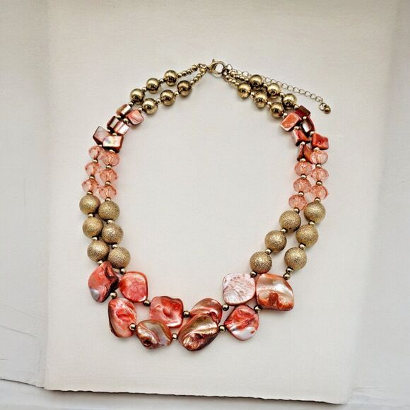 Mother Of Pearl Necklace Coral Double Strand Gold Tone Colorful Statement - Picture 9 of 9